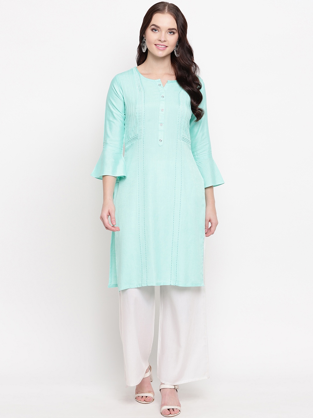 Kvsfab Women Green Solid Straight Kurta