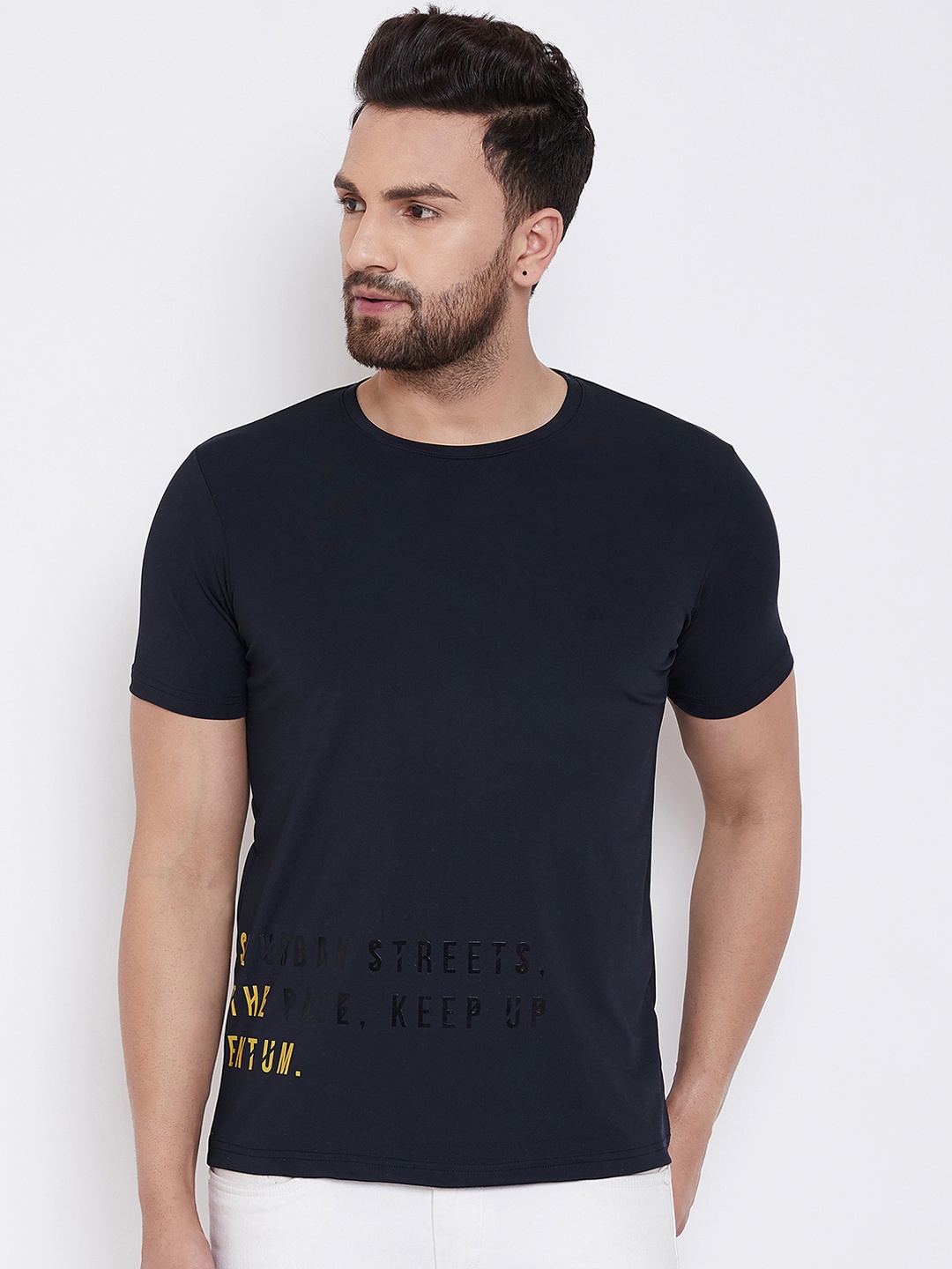 

PERFKT-U Men Navy Blue Printed Rapid Dry Round Neck T-shirt