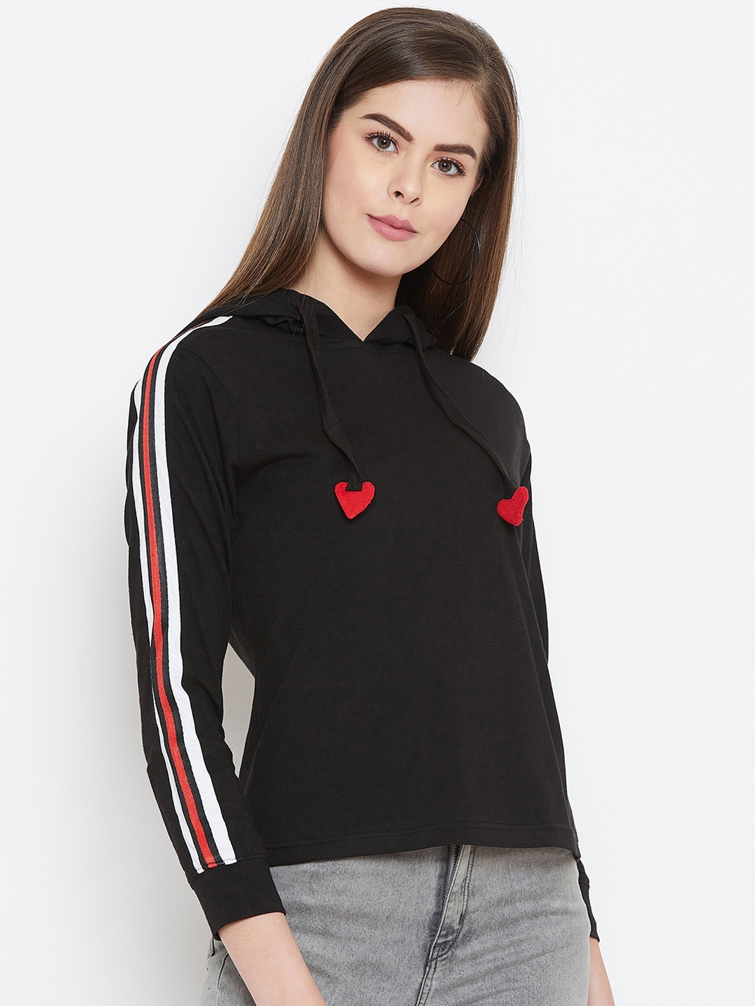

GRITSTONES Women Black & White Striped Hood T-shirt