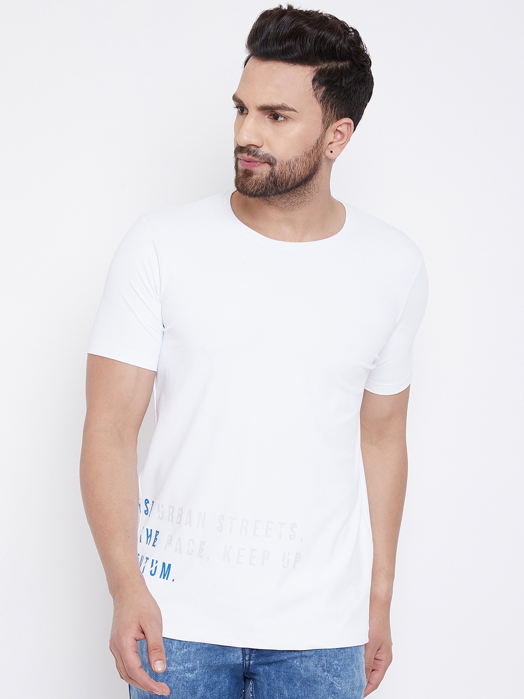 

PERFKT-U Men White Printed Rapid Dry Round Neck T-shirt