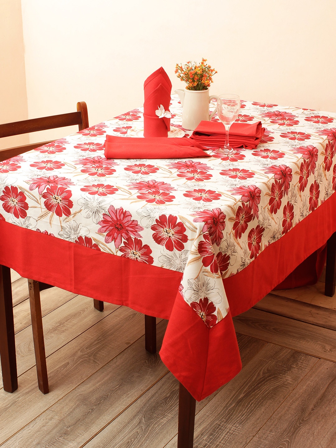 

Soumya Set of 7 Red & White Printed Pure Cotton 200TC Table Cover With 6 Napkins