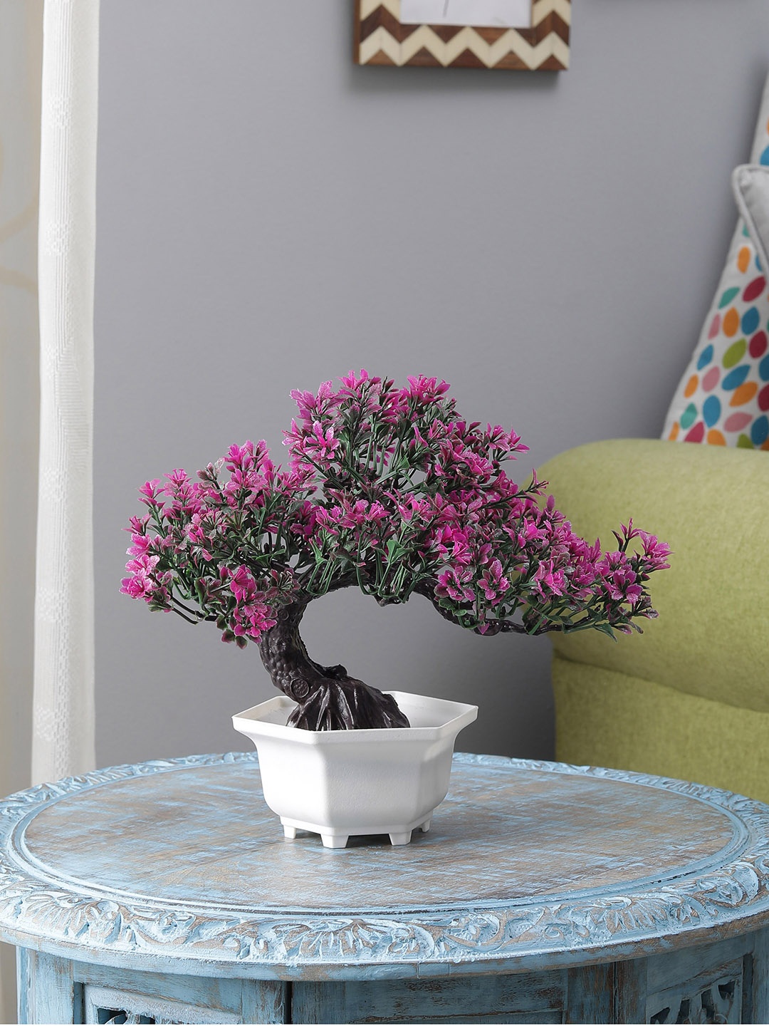 

FOLIYAJ Magenta & Green Bent Bonsai Tree Artificial Plant with Pot