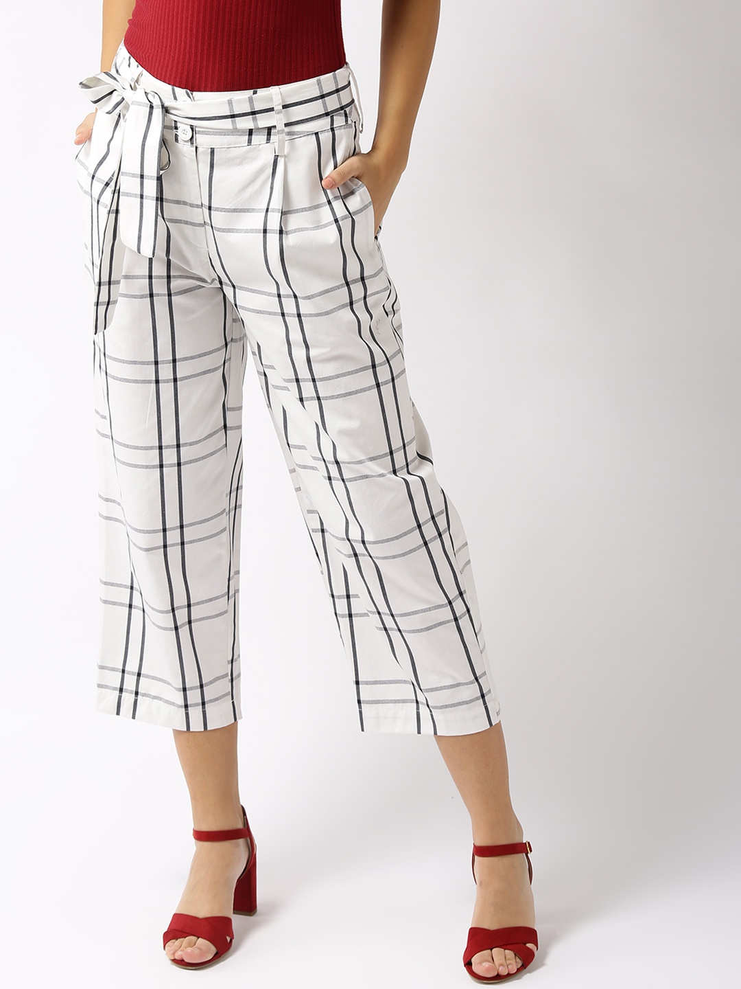 

Sera Women White Regular Fit Checked Parallel Trousers
