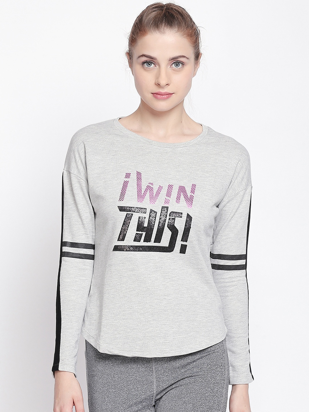 

Ajile by Pantaloons Women Grey Melange Printed Round Neck T-shirt