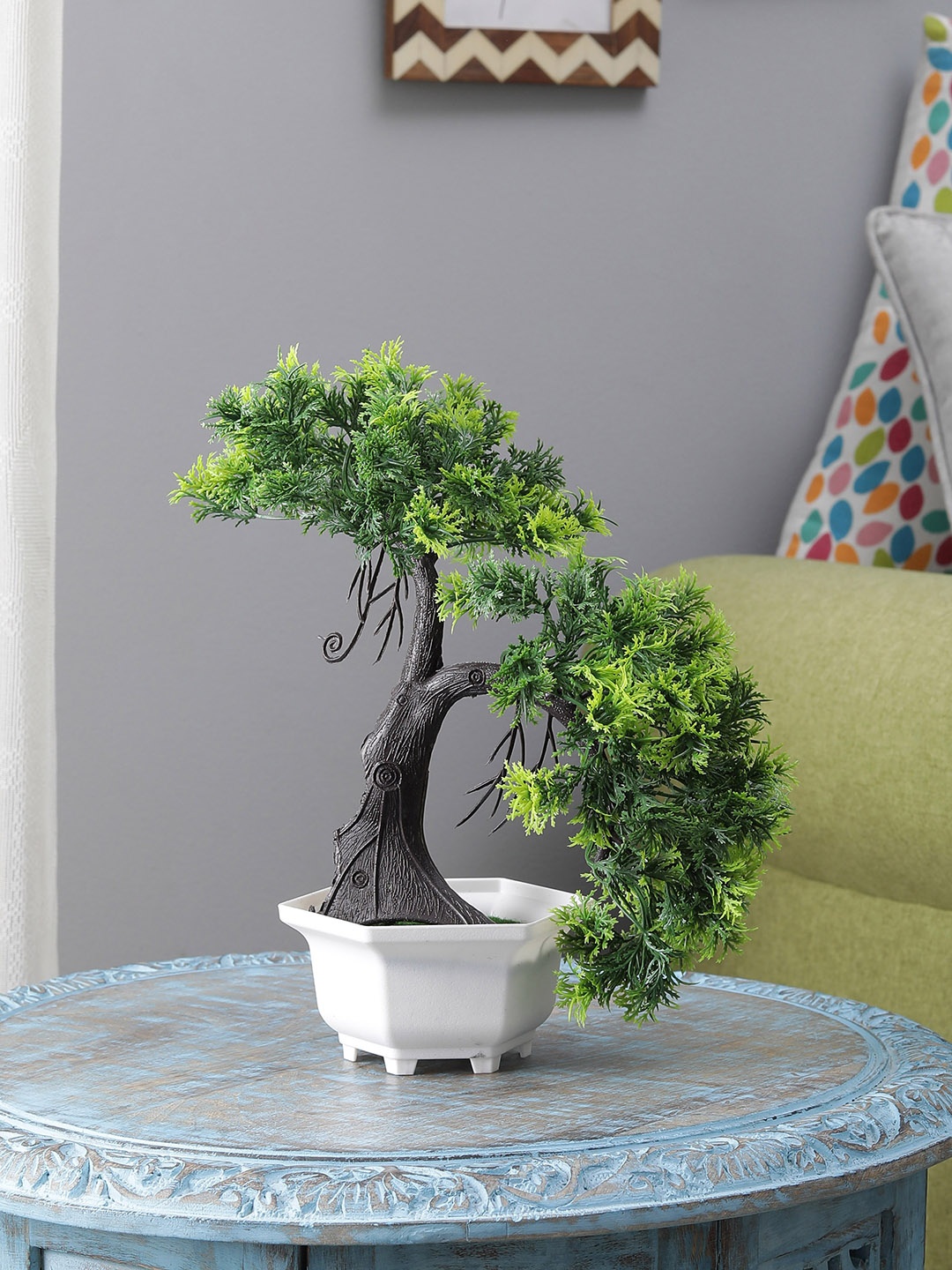 

FOLIYAJ Green Artificial Shoe Horn Shaped Bonsai Tree