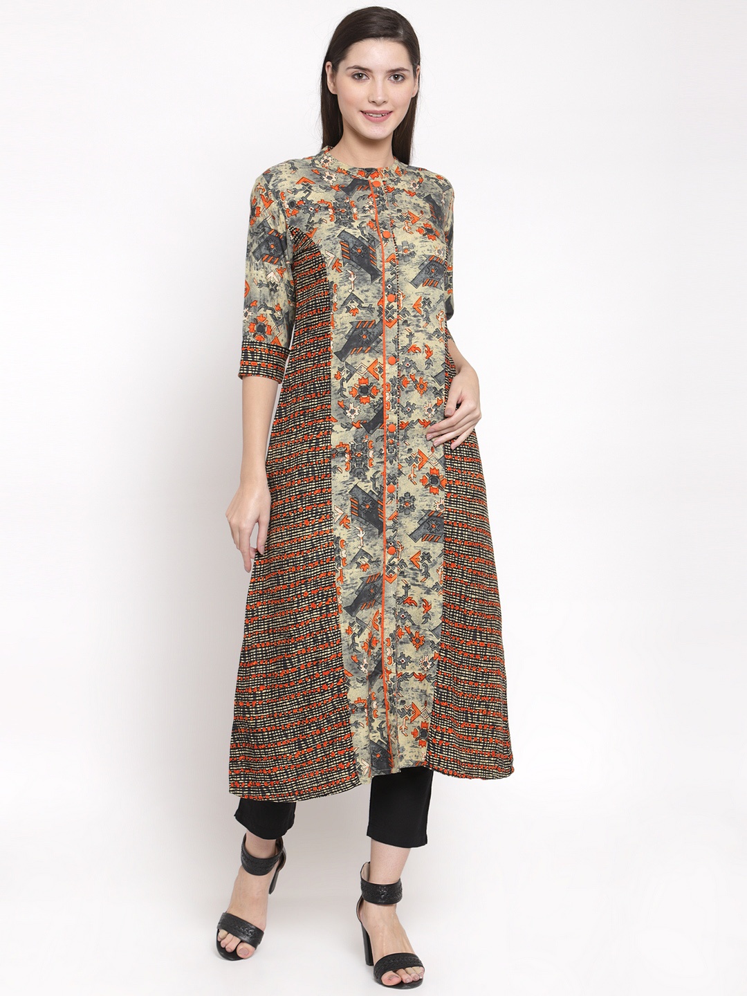 

Indibelle Women Grey & Orange Printed A-Line Kurta