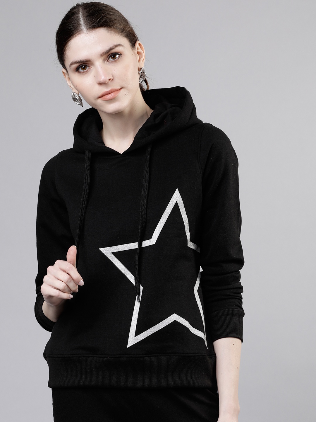 

Tokyo Talkies Women Black Printed Hooded Sweatshirt