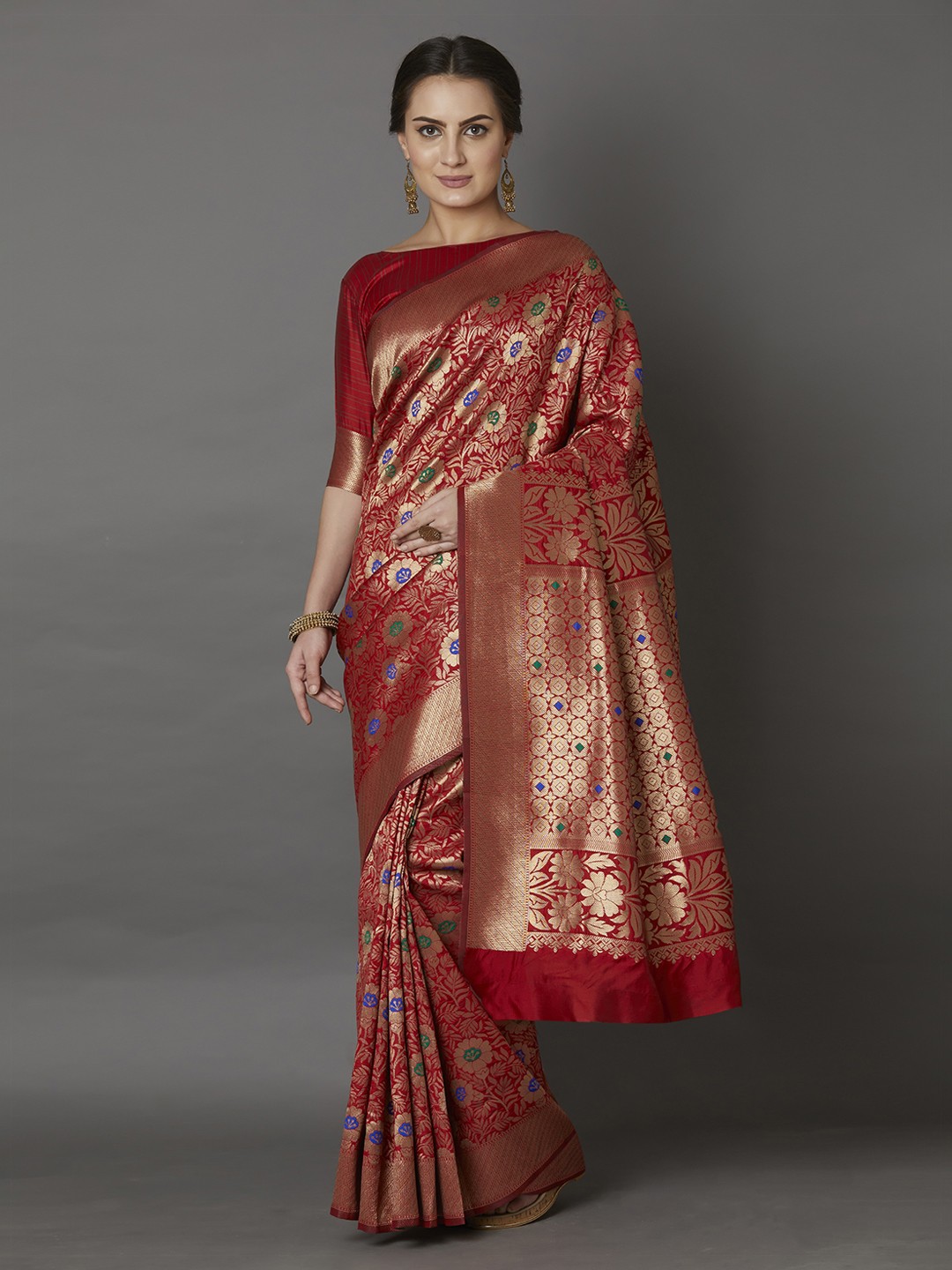 

Mitera Red & Gold-Coloured Silk Blend Woven Design Banarasi Saree
