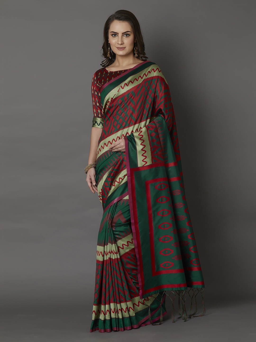 Mitera Maroon & Green Silk Blend Printed Saree