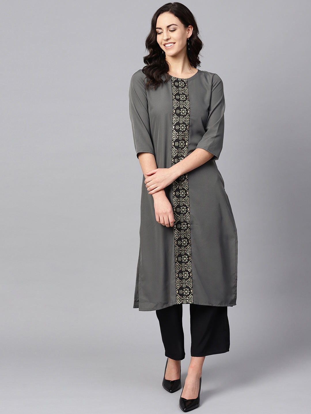 ZIYAA Women Grey Foil Printed Straight Kurta