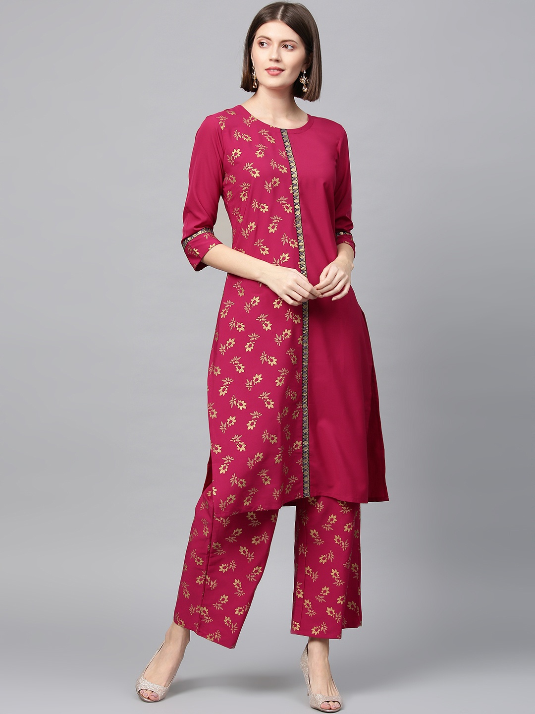 

ZIYAA Women Pink & Golden Floral Print Straight Kurta