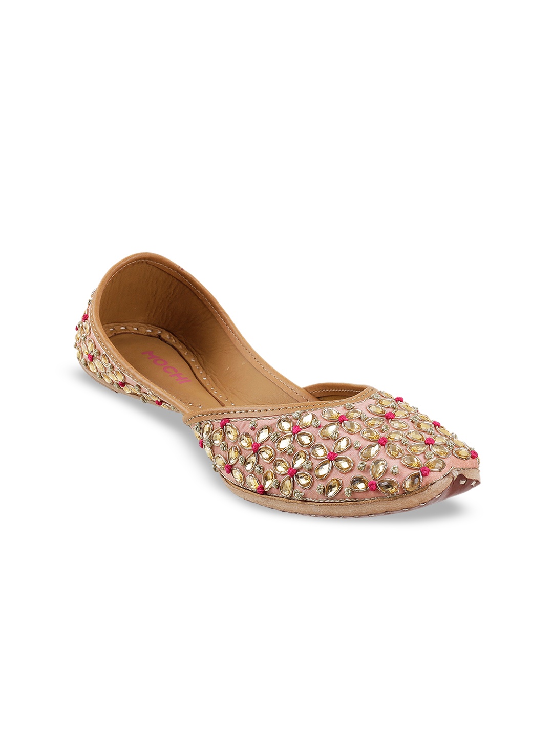 Mochi Women Pink Embellished Leather Mojaris