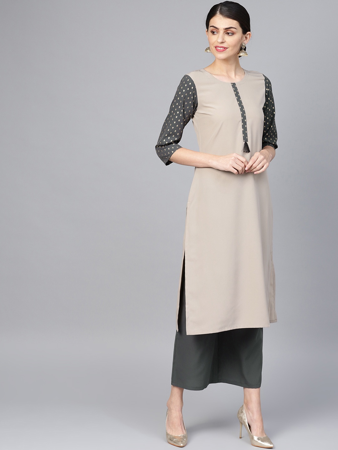 

ZIYAA Women Beige & Grey Printed Straight Kurta