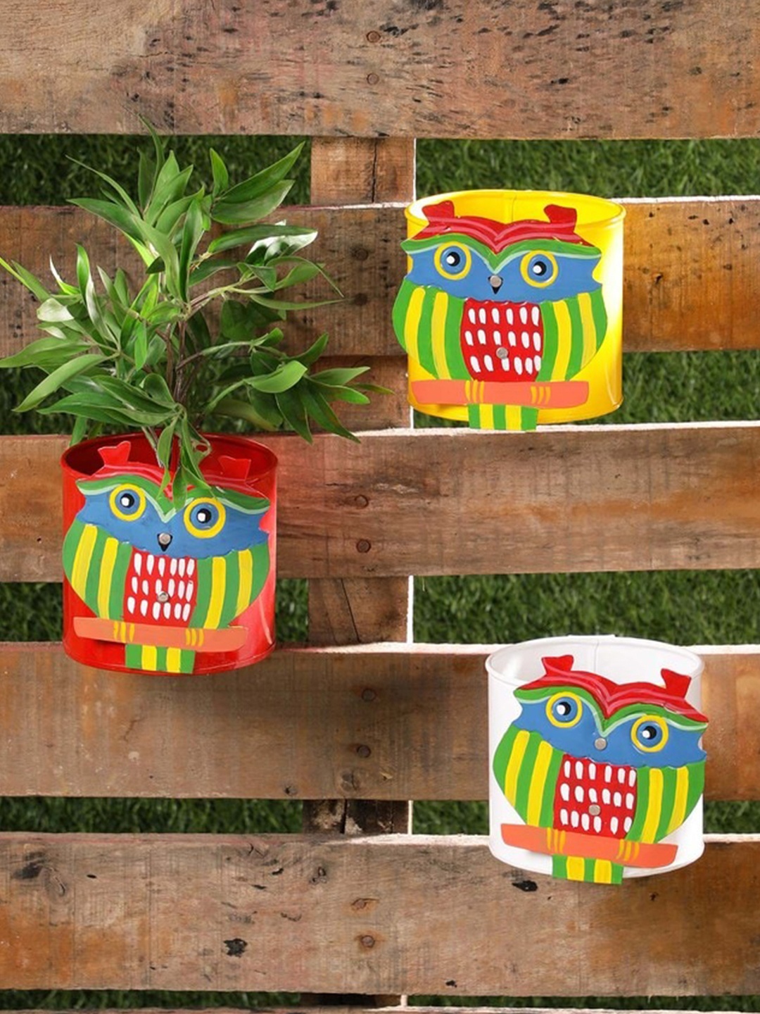 

green girgit Set of 3 Printed Owl Planters, Multi