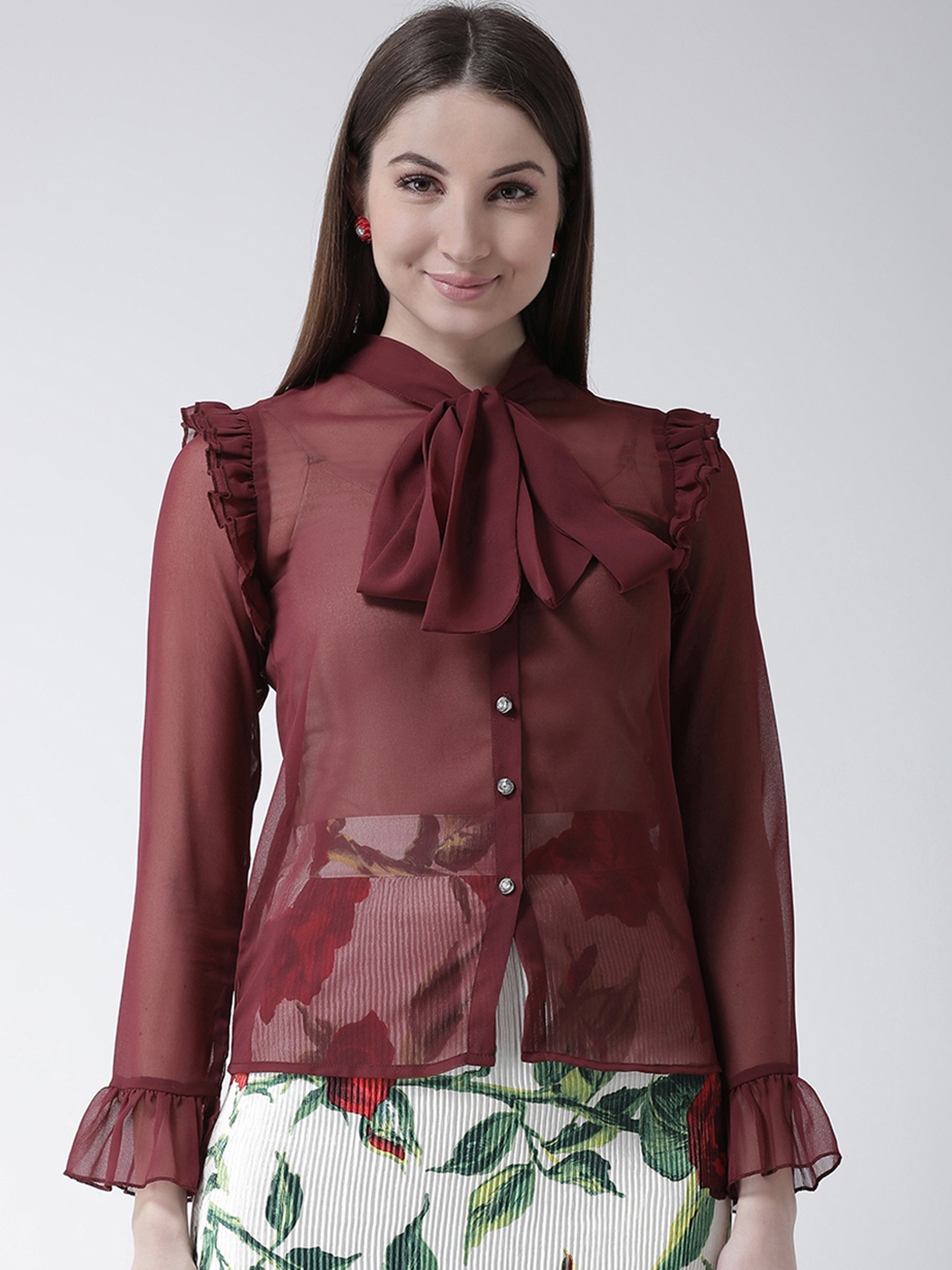 KASSUALLY Women Maroon Regular Fit Solid Casual Sheer Shirt