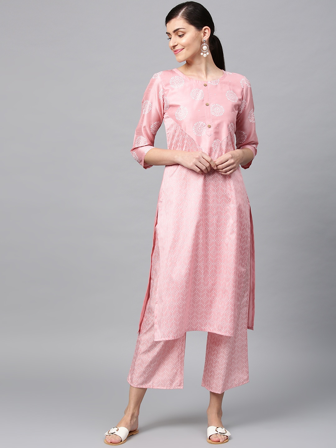 

ZIYAA Women Pink & White Khadi Print Straight Kurta