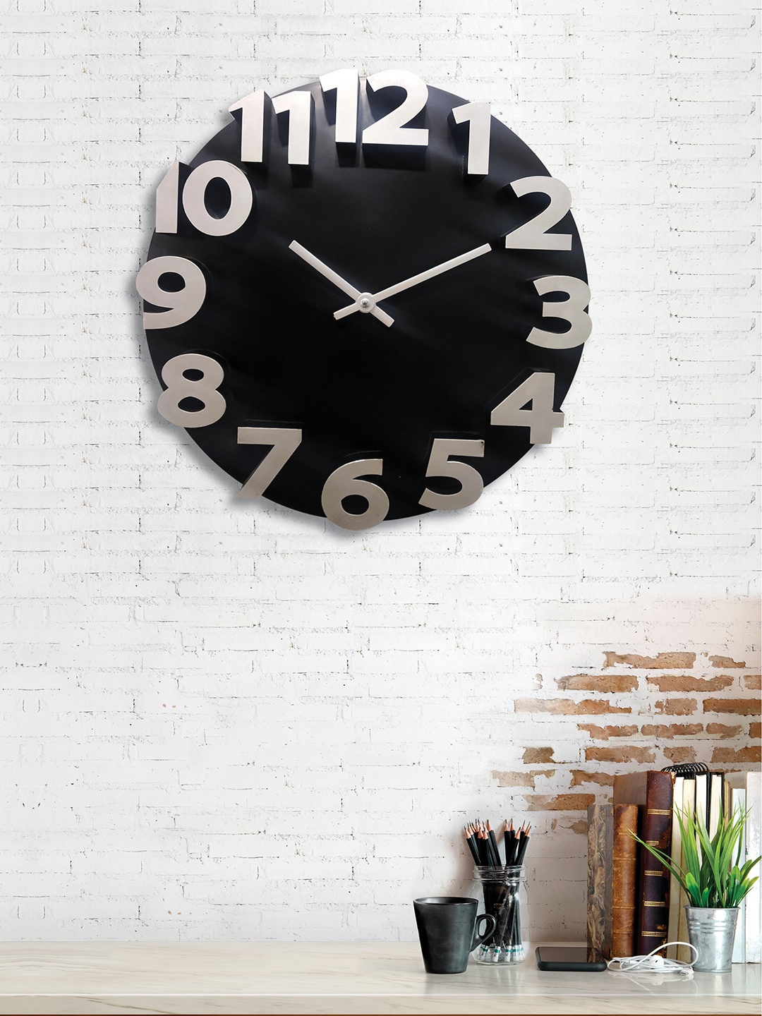 

RANDOM Black & Silver-Toned Round Solid 35 cm Analogue Wall Clock