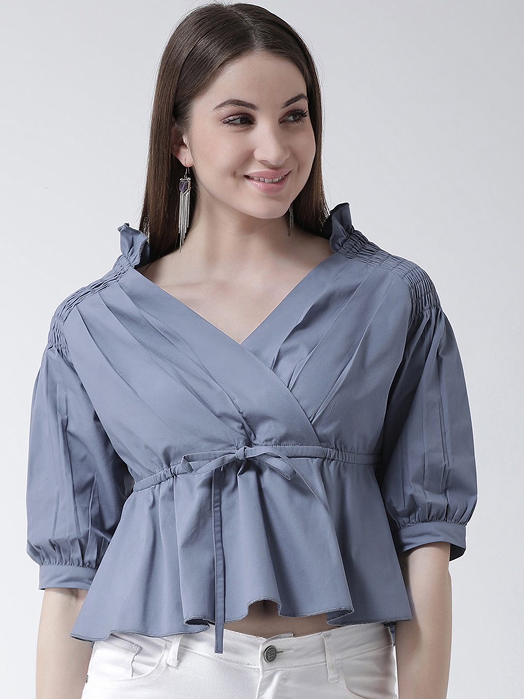 

KASSUALLY Women Grey Solid Cinched Waist Top