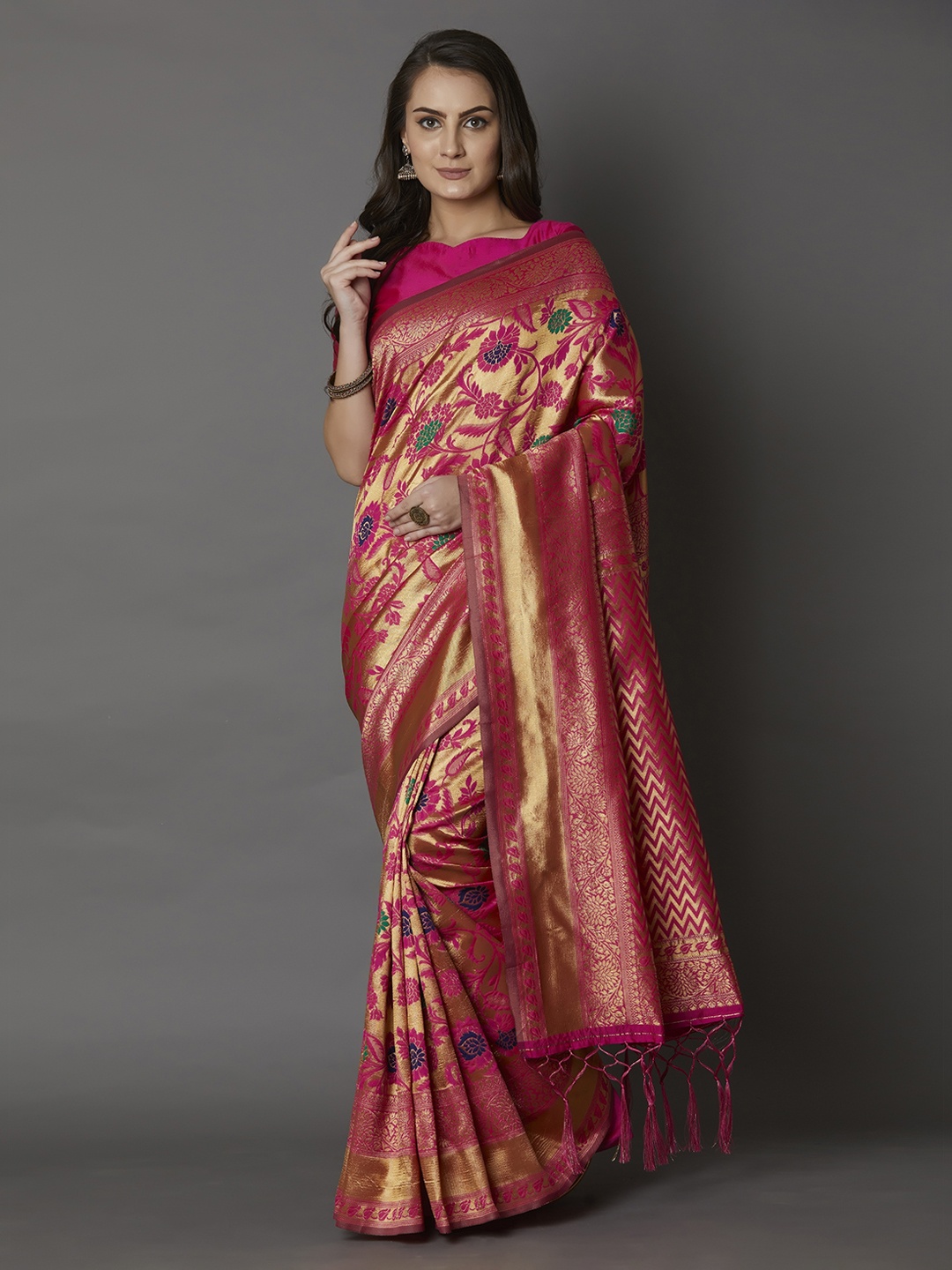 

Mitera Pink Silk Blend Woven Design Banarasi Saree