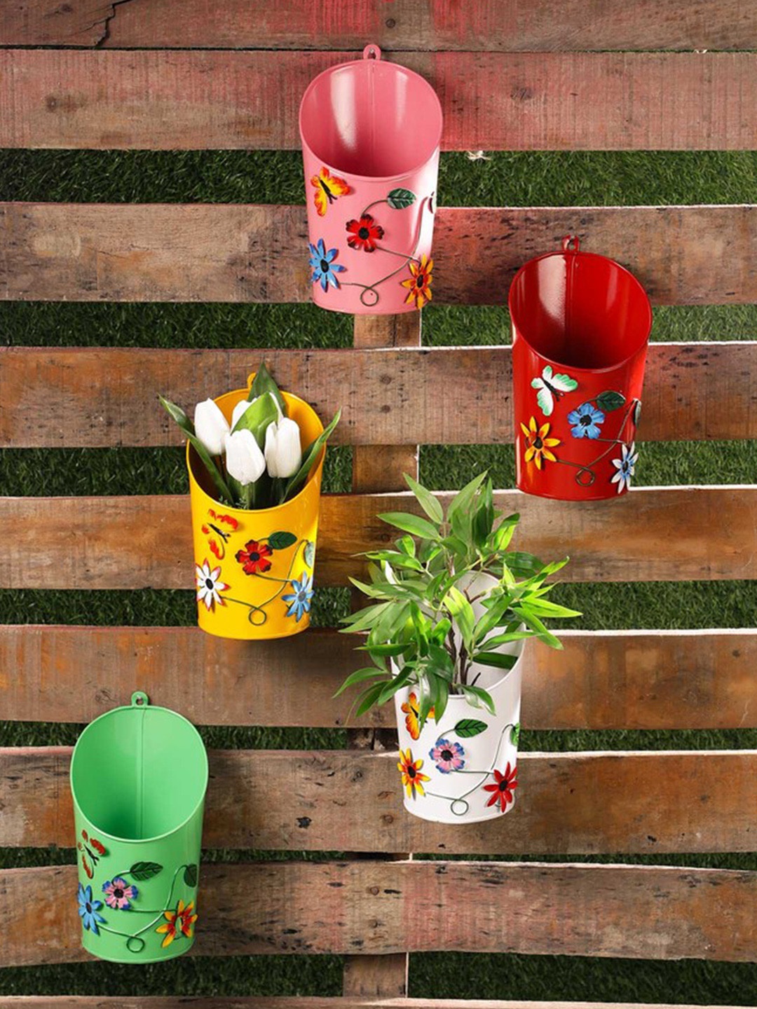 

green girgit Set of 5 Printed Half Moon Planters, Multi
