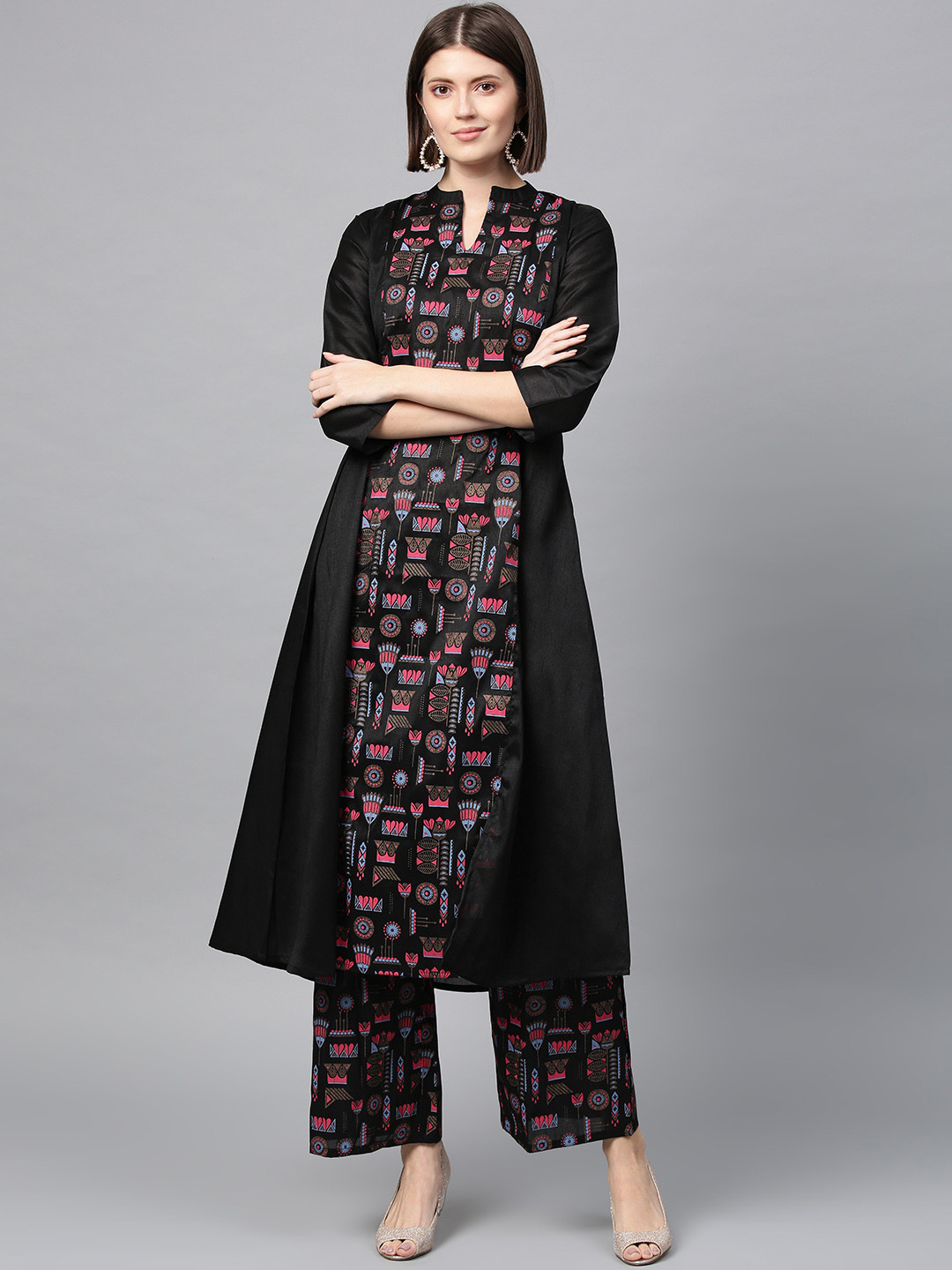 

ZIYAA Women Black & Pink Khadi Printed A-Line Kurta