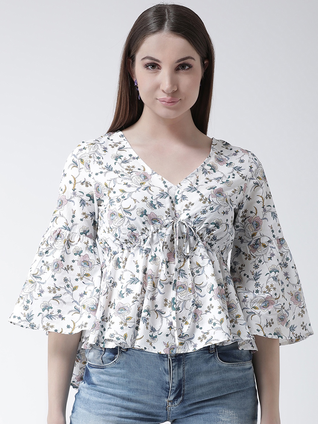 

KASSUALLY Women White & Blue Floral Print Empire Top