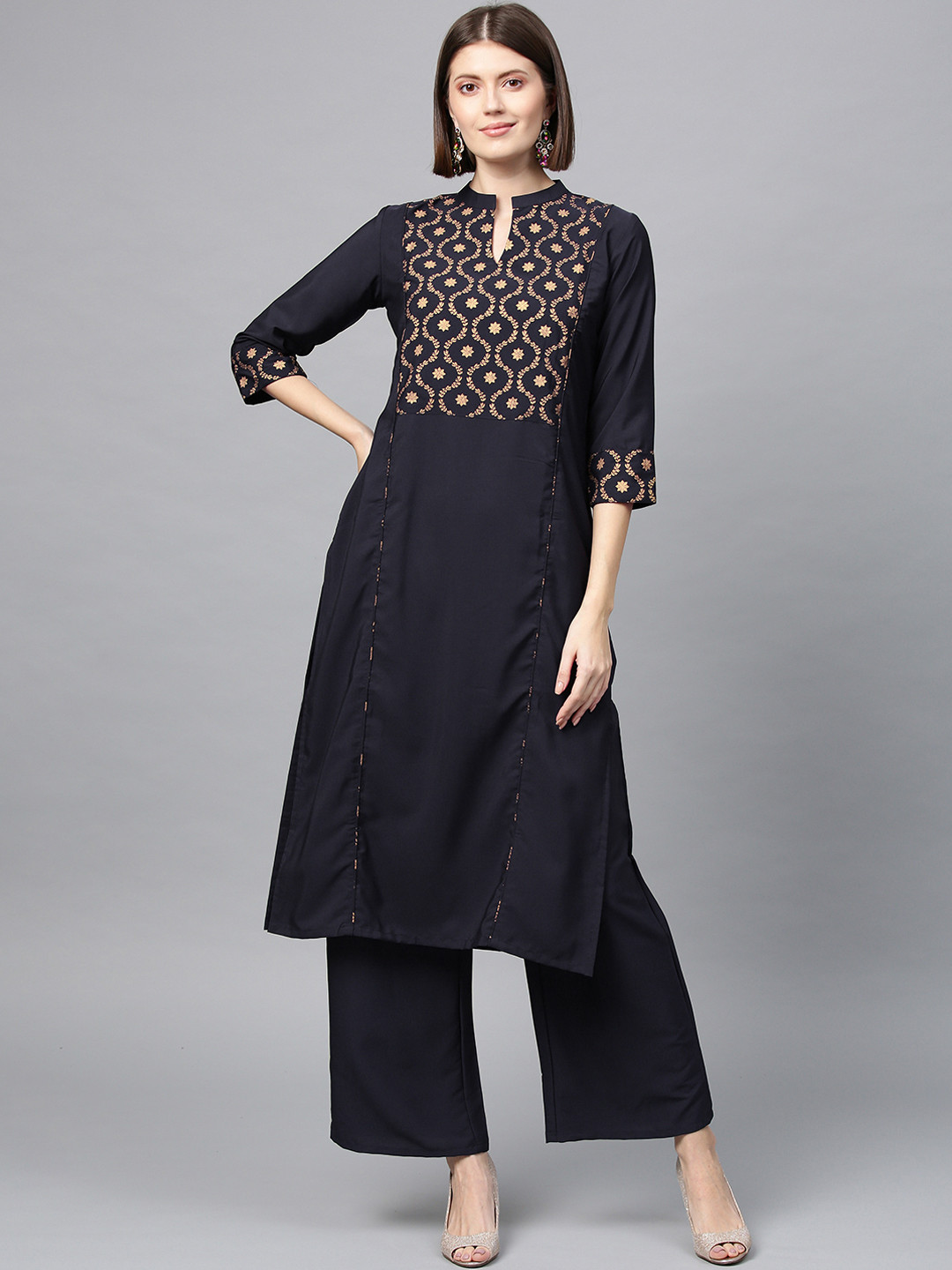 

ZIYAA Women Navy Blue & Gold-Coloured Printed Straight Kurta