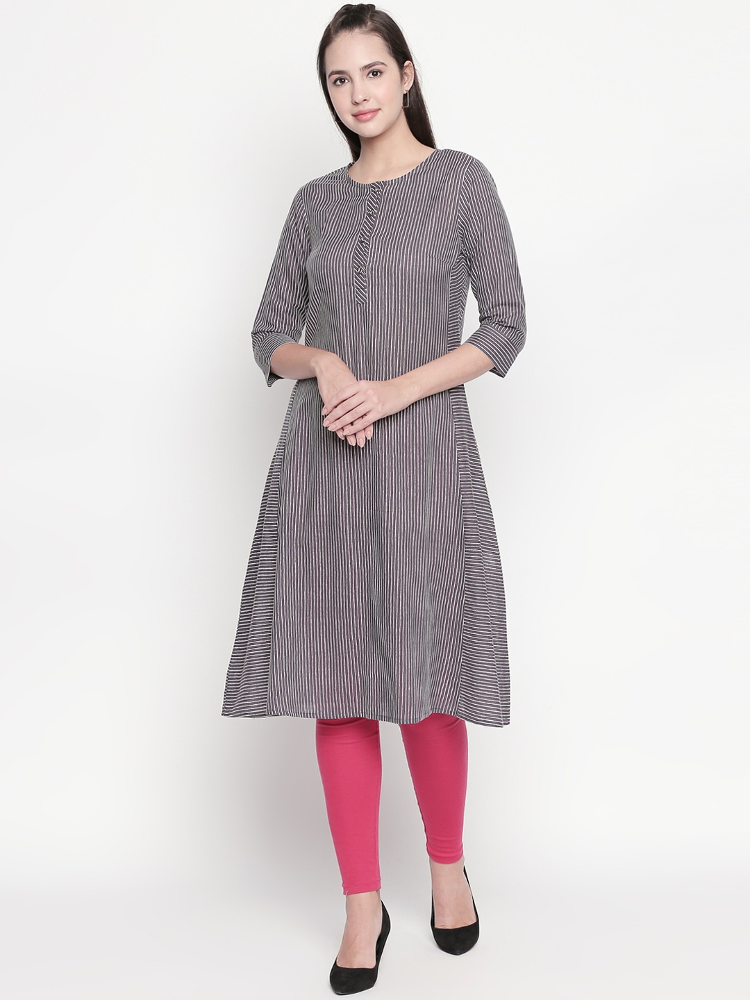 

RANGMANCH BY PANTALOONS Women Charcoal Grey Striped A-Line Kurta