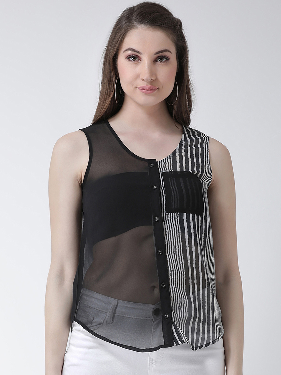 

KASSUALLY Women Black & White Regular Fit Striped Casual Shirt