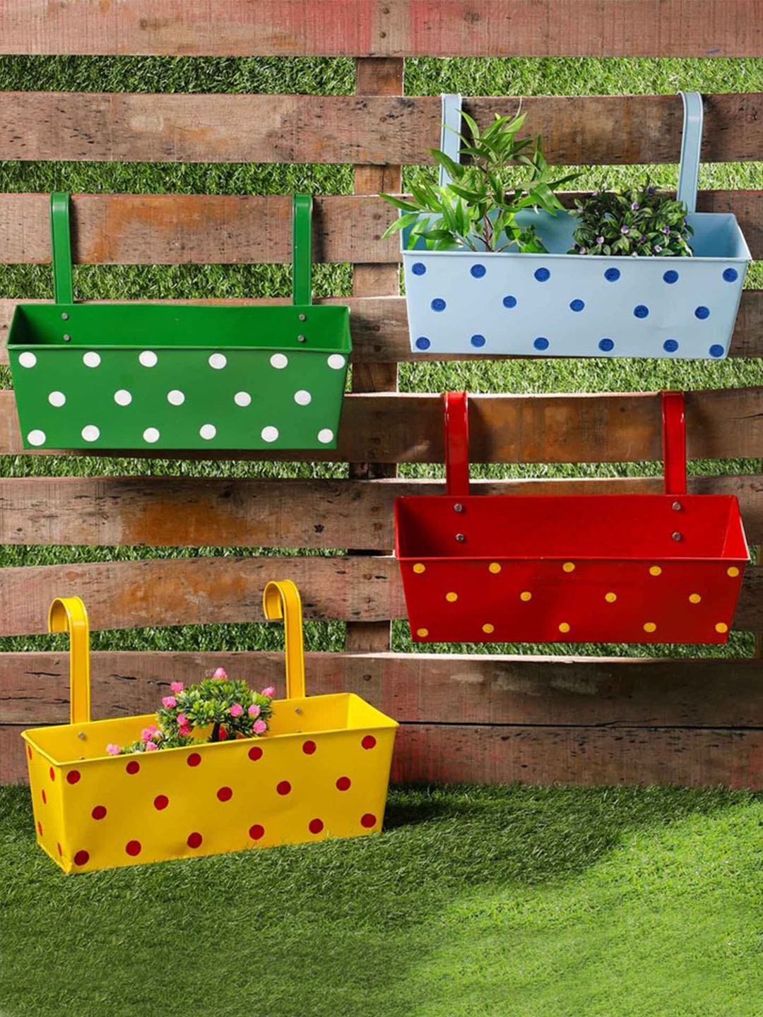 

green girgit Set of 4 Polka-Dot Printed Rectangular Planters, Multi