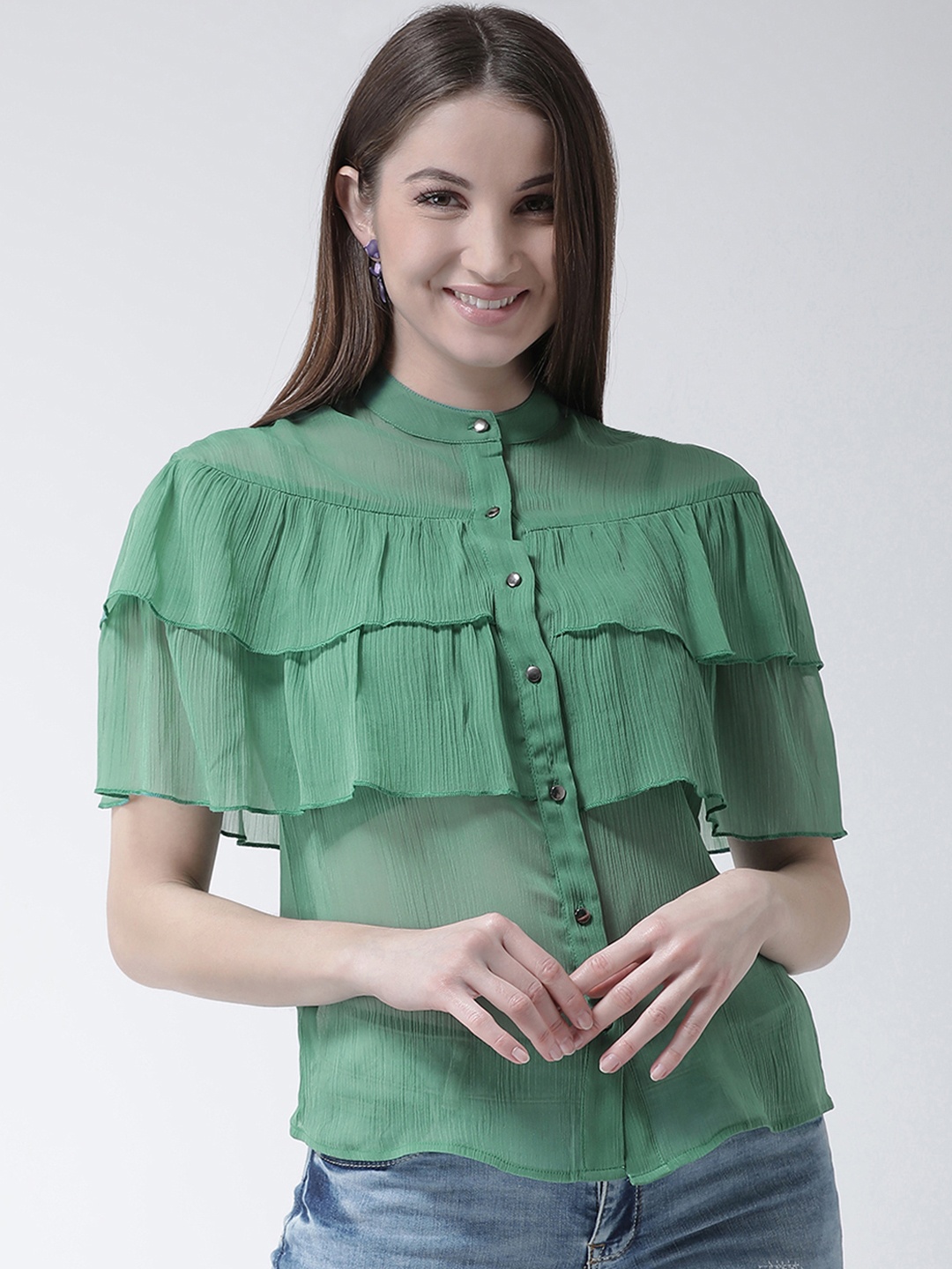 

KASSUALLY Women Green Solid Tiered Shirt Style Top