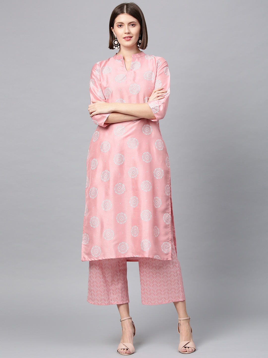 

ZIYAA Women Pink & White Khadi Print Straight Kurta