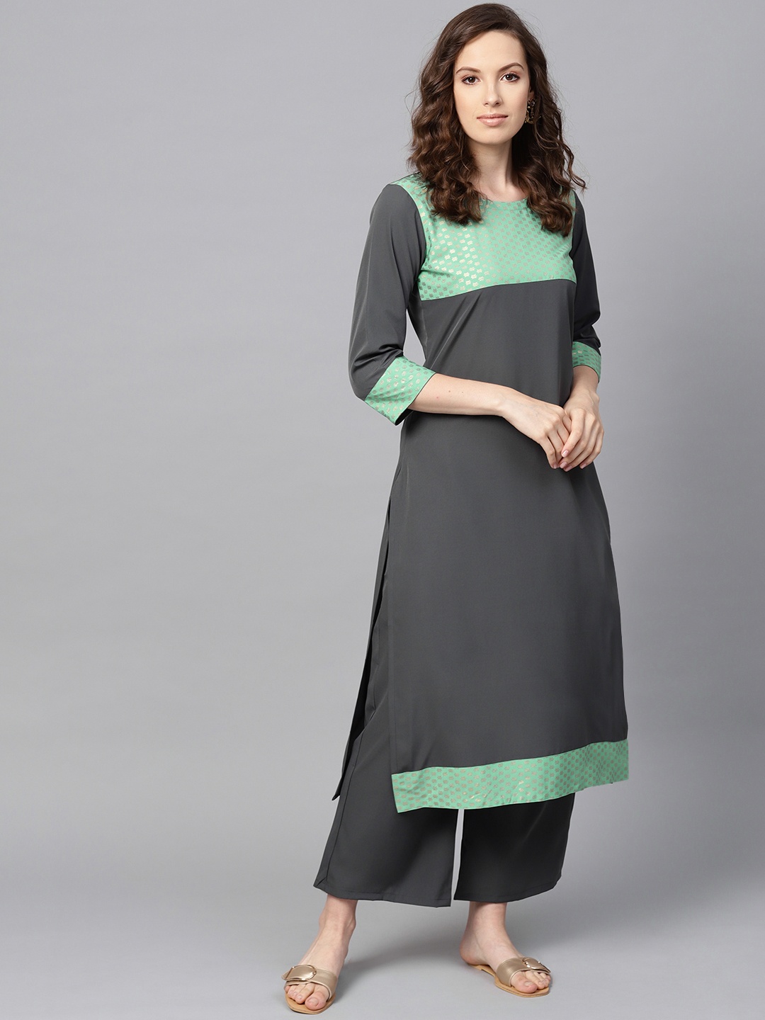

ZIYAA Women Grey & Sea Green Foil Print Straight Kurta