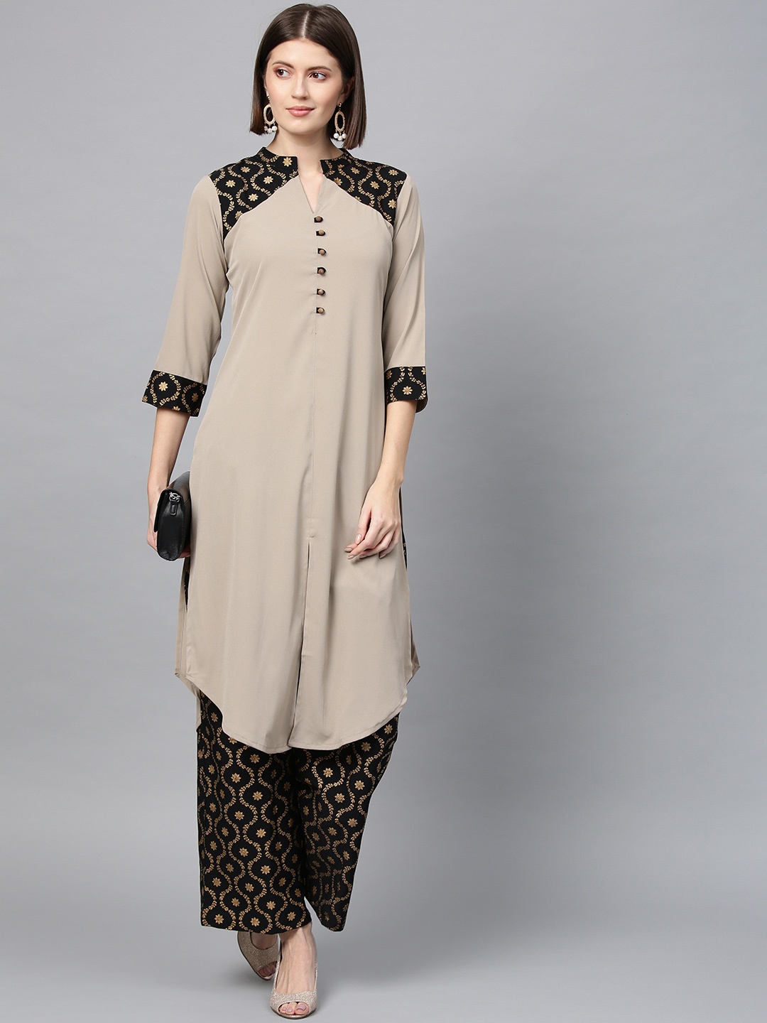 

ZIYAA Women Taupe & Black Foil Printed Straight Kurta