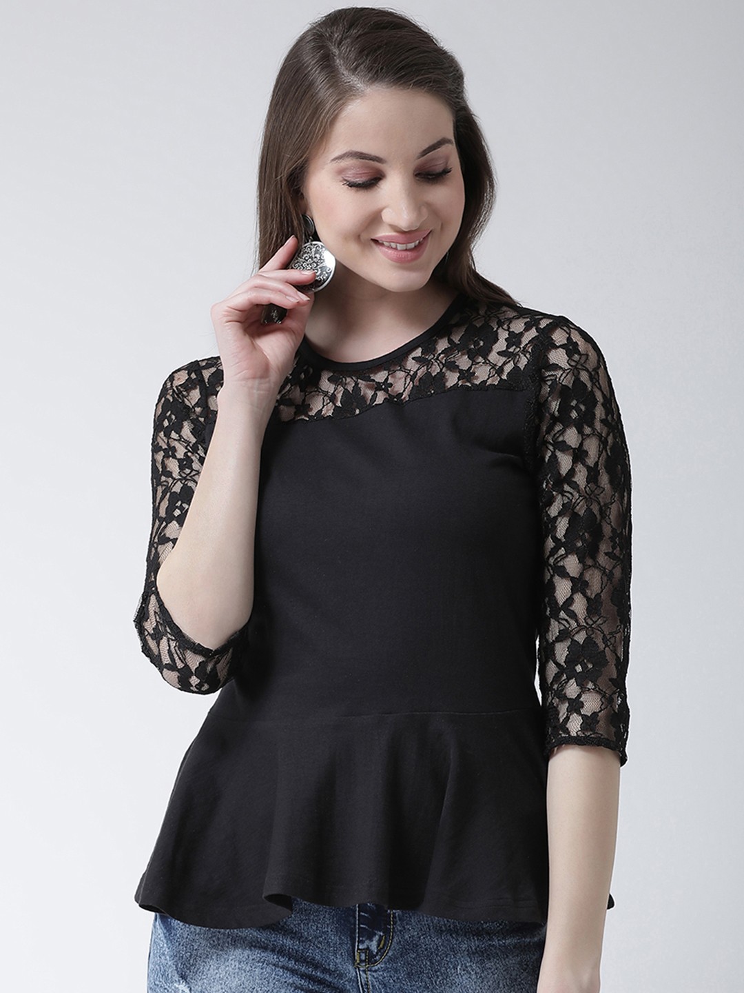 

KASSUALLY Women Black Self Design Peplum Top