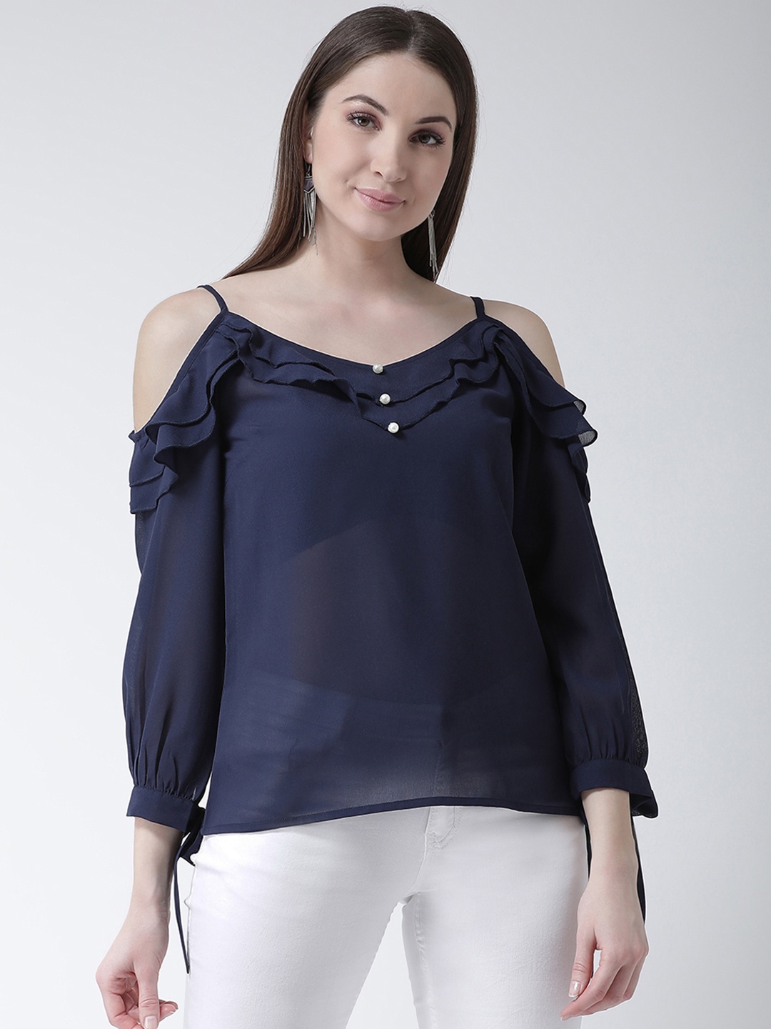 KASSUALLY Women Navy Blue Solid A-Line Top