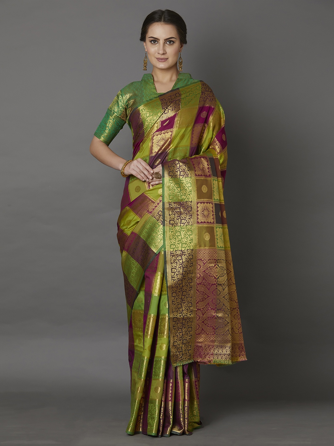 

Mitera Green & Pink Silk Blend Woven Design Banarasi Saree