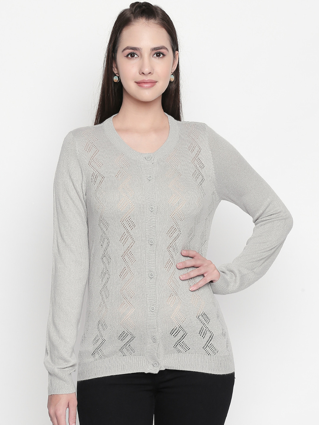 

RANGMANCH BY PANTALOONS Women Grey Self Design Sweater