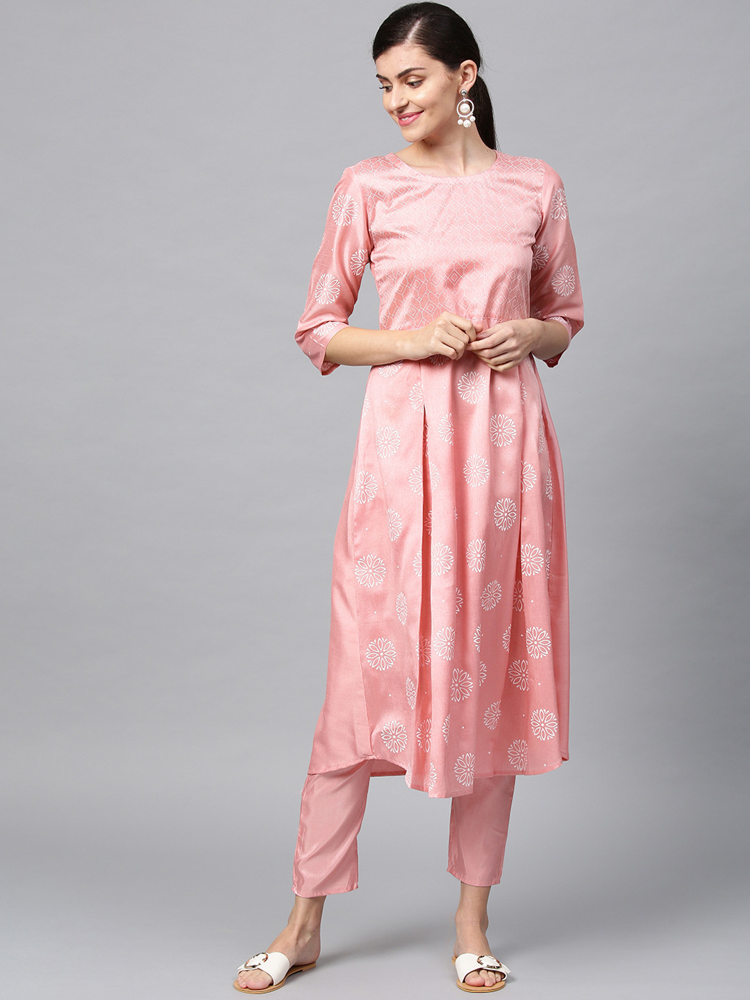 

ZIYAA Women Pink & White Khadi Print A-Line Kurta