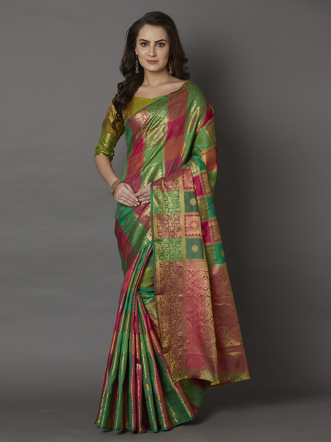 

Mitera Green & Pink Silk Blend Woven Design Banarasi Saree