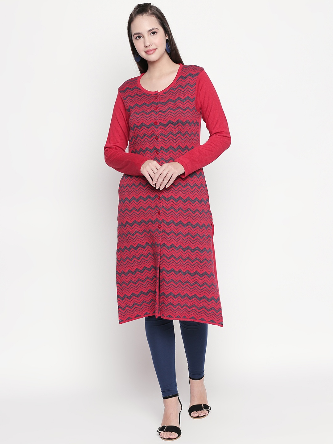

RANGMANCH BY PANTALOONS Women Red & Grey Woven Design Straight Kurta