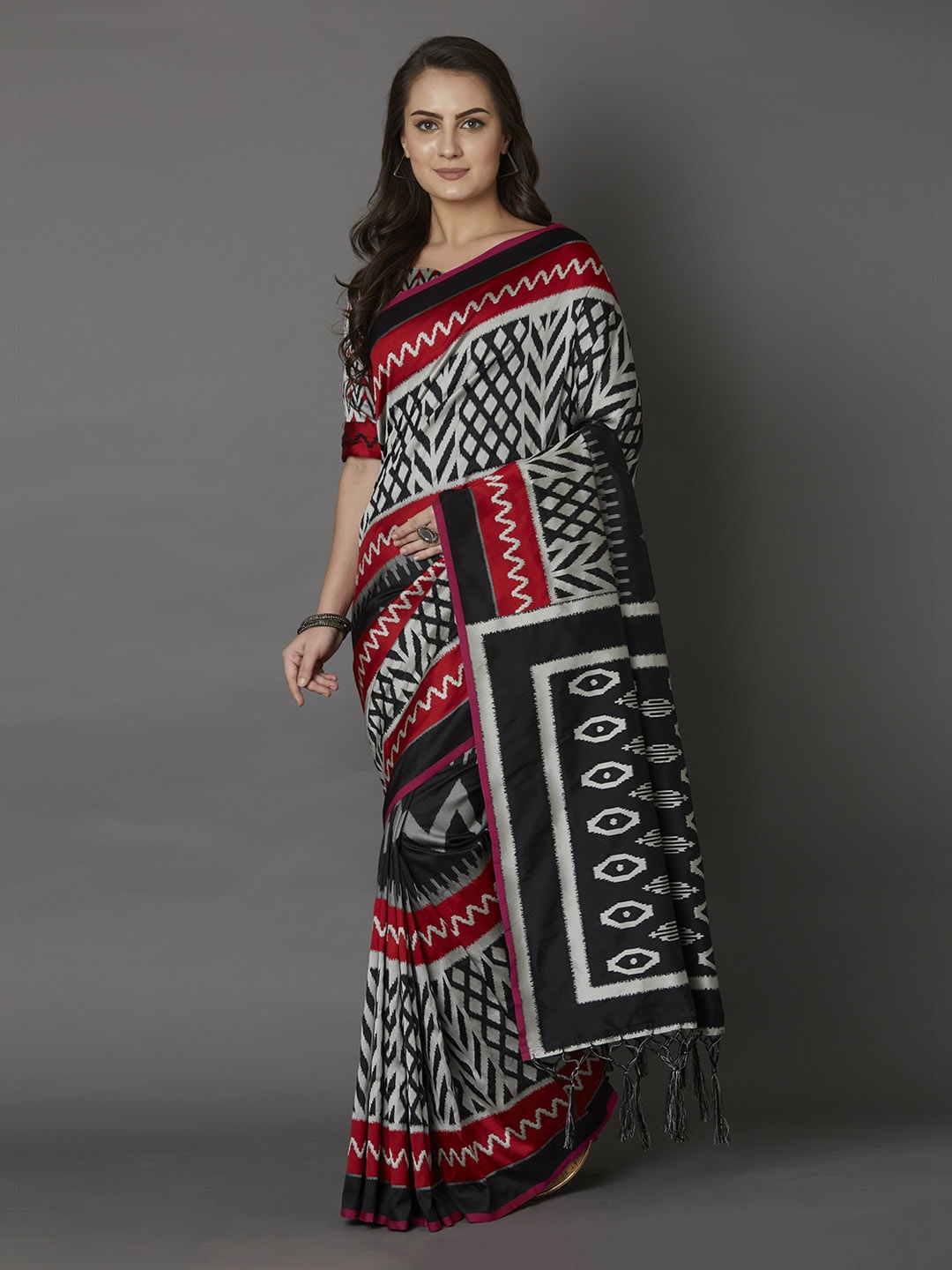 

Mitera Black & Red Silk Blend Printed Saree