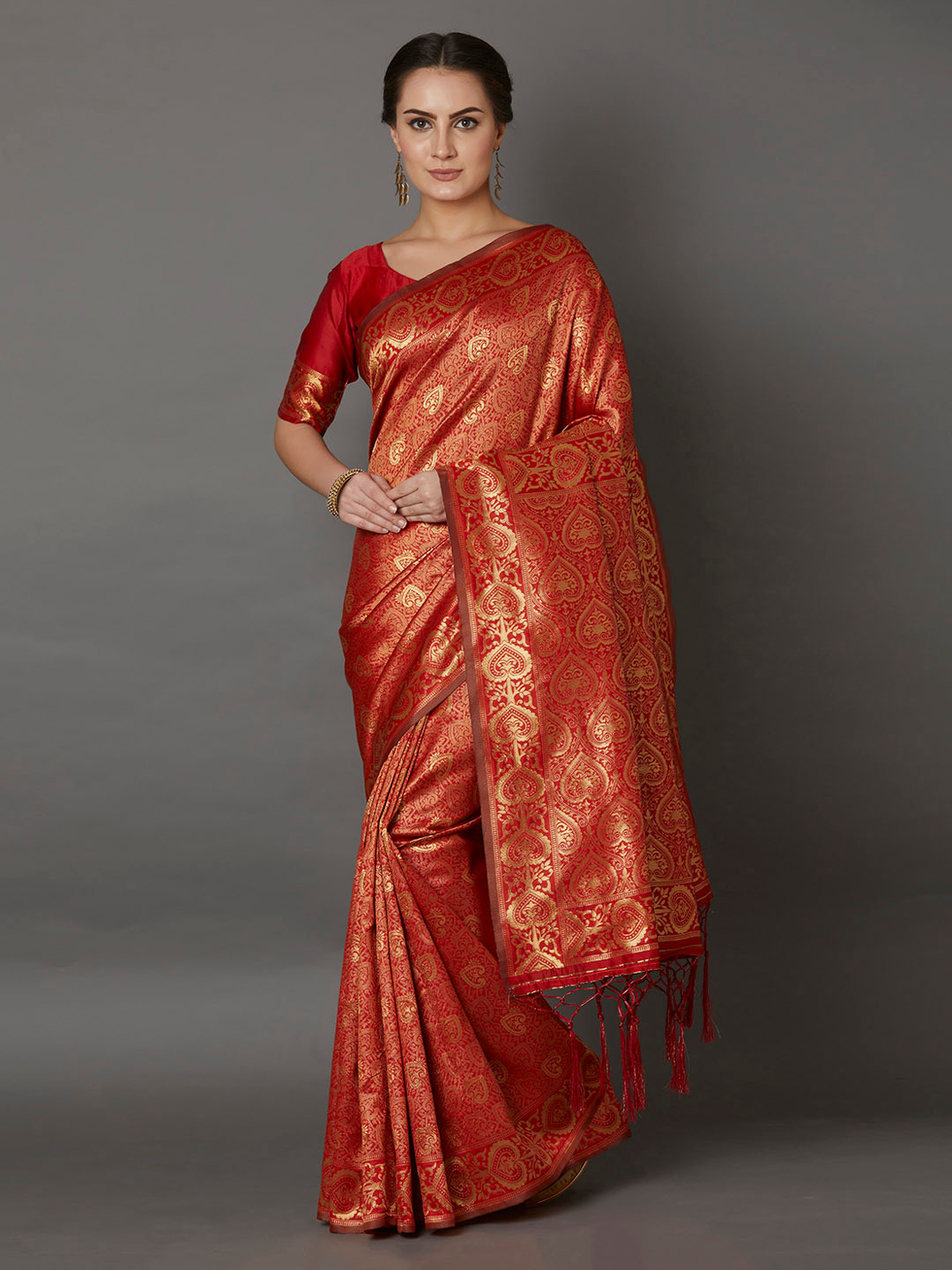 

Mitera Red Silk Blend Woven Design Banarasi Saree