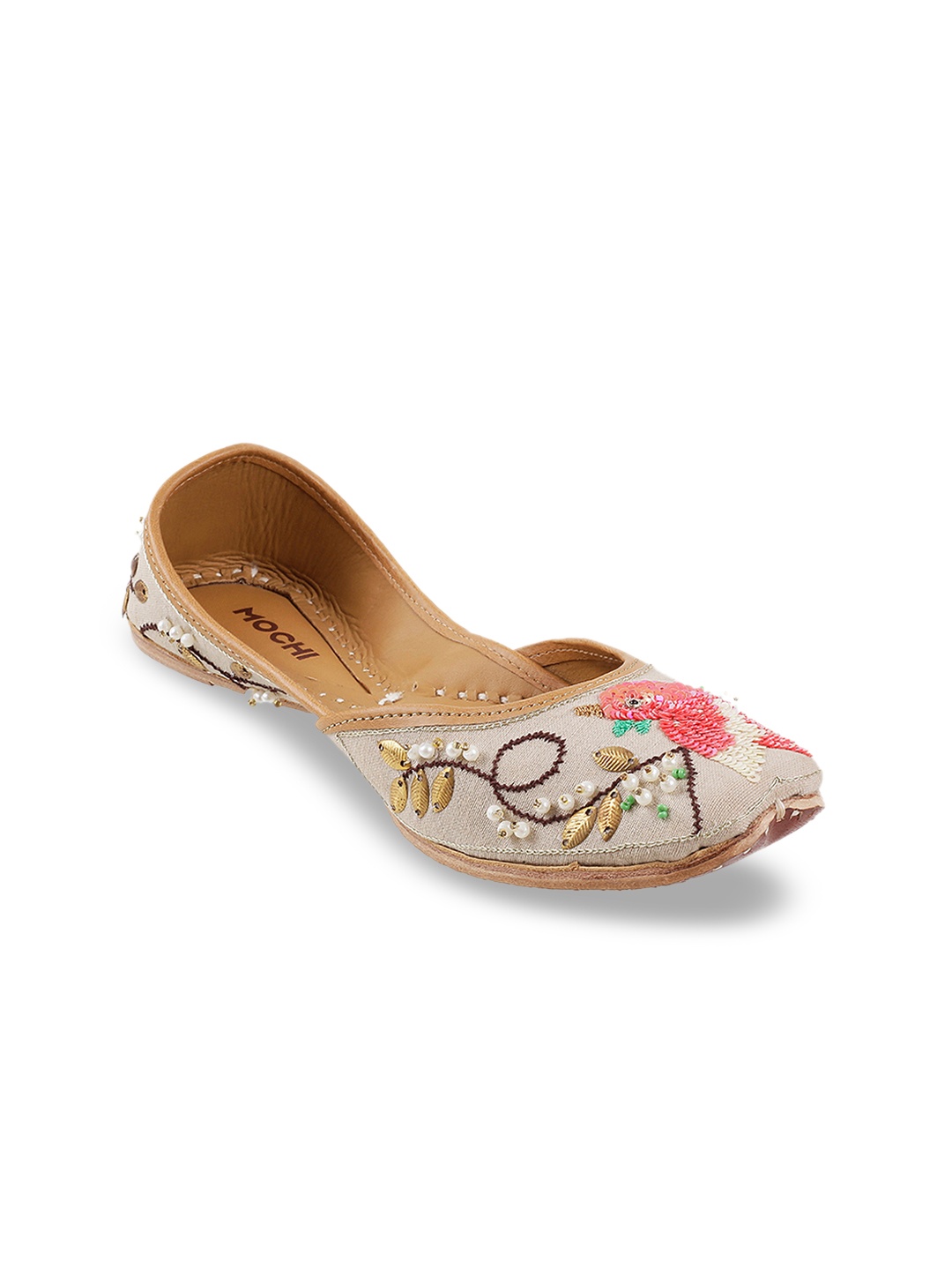 

Mochi Women Beige Embellished Leather Mojaris