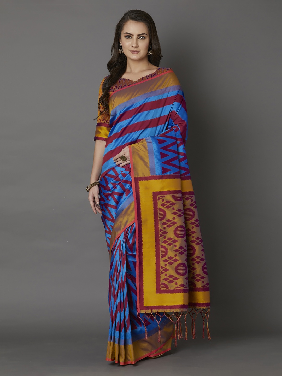

Mitera Blue & Mustard Yellow Silk Blend Printed Saree