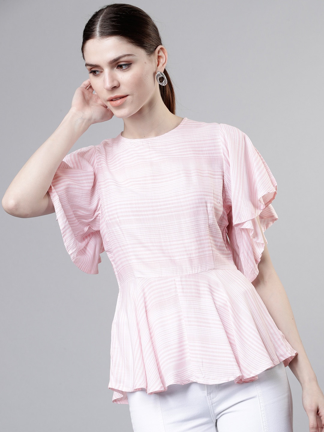 

Tokyo Talkies Women Pink Striped Peplum Top