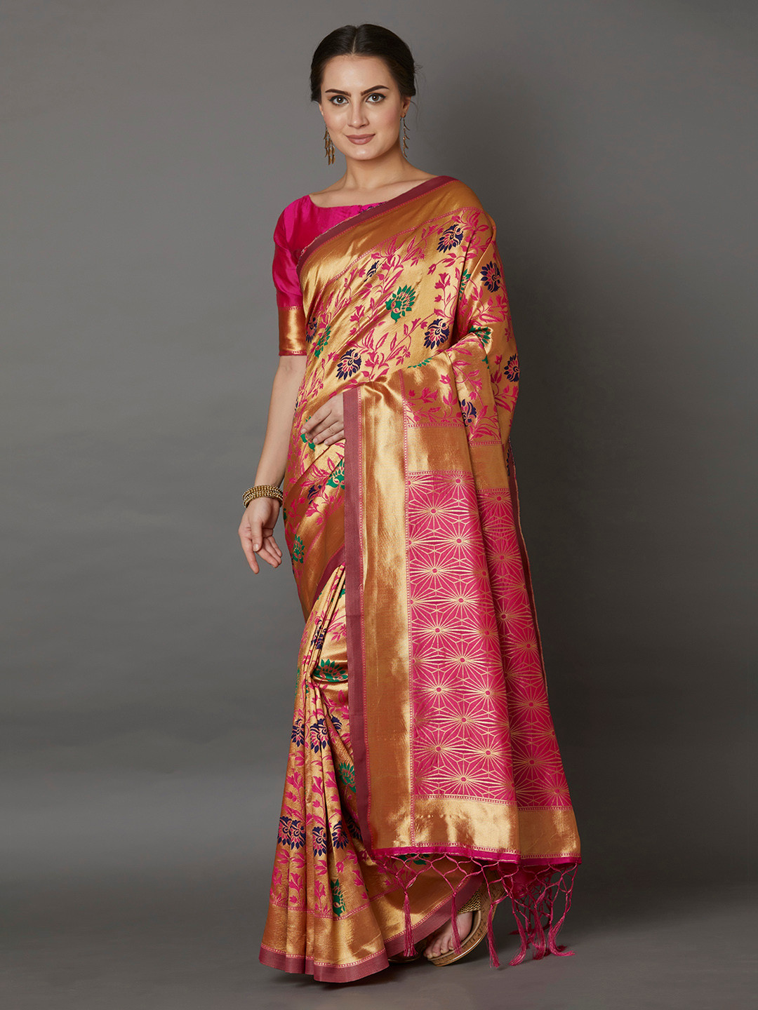 

Mitera Pink & Gold-Coloured Silk Blend Woven Design Banarasi Saree