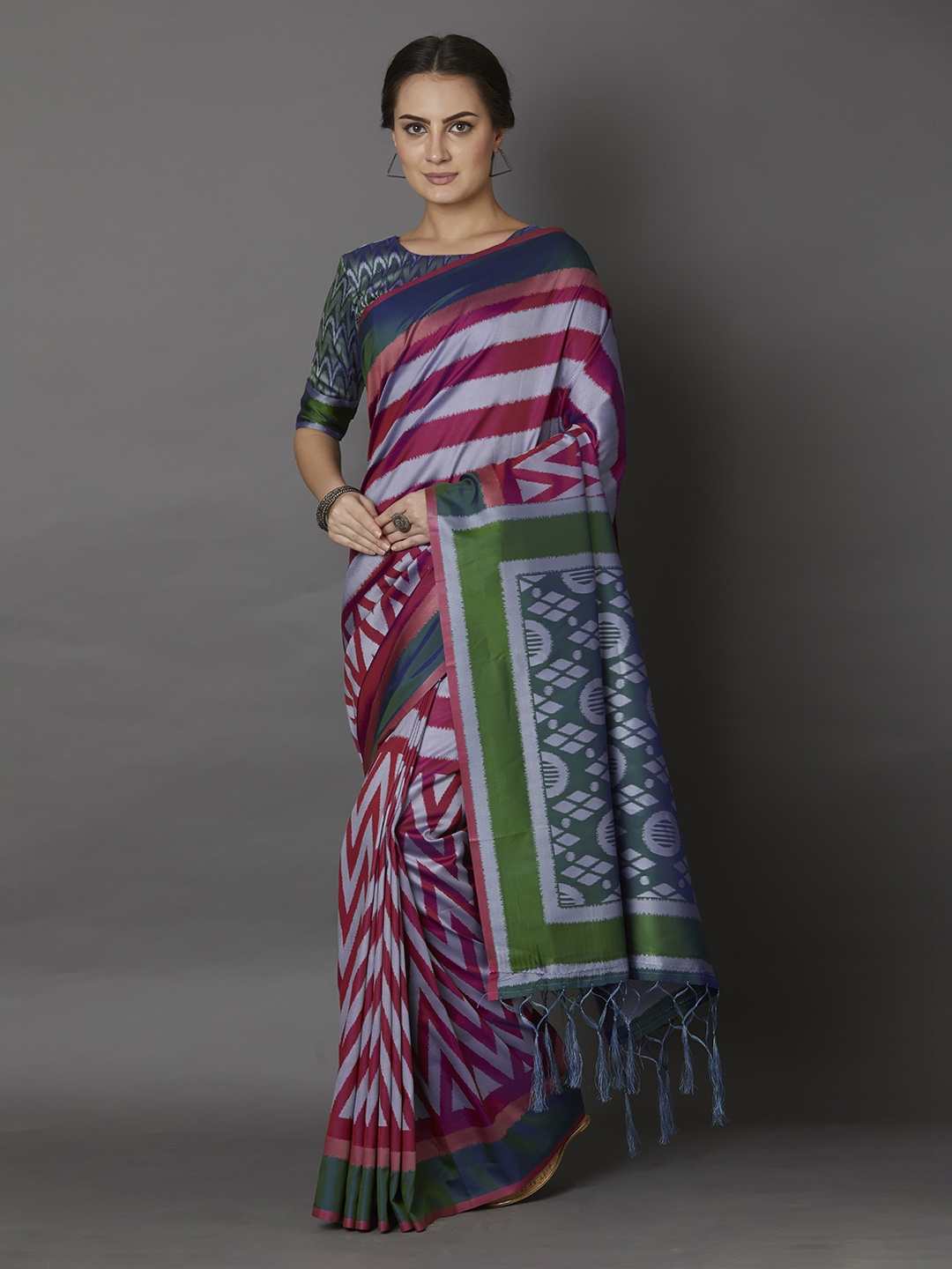 

Mitera Pink & Blue Silk Blend Printed Saree