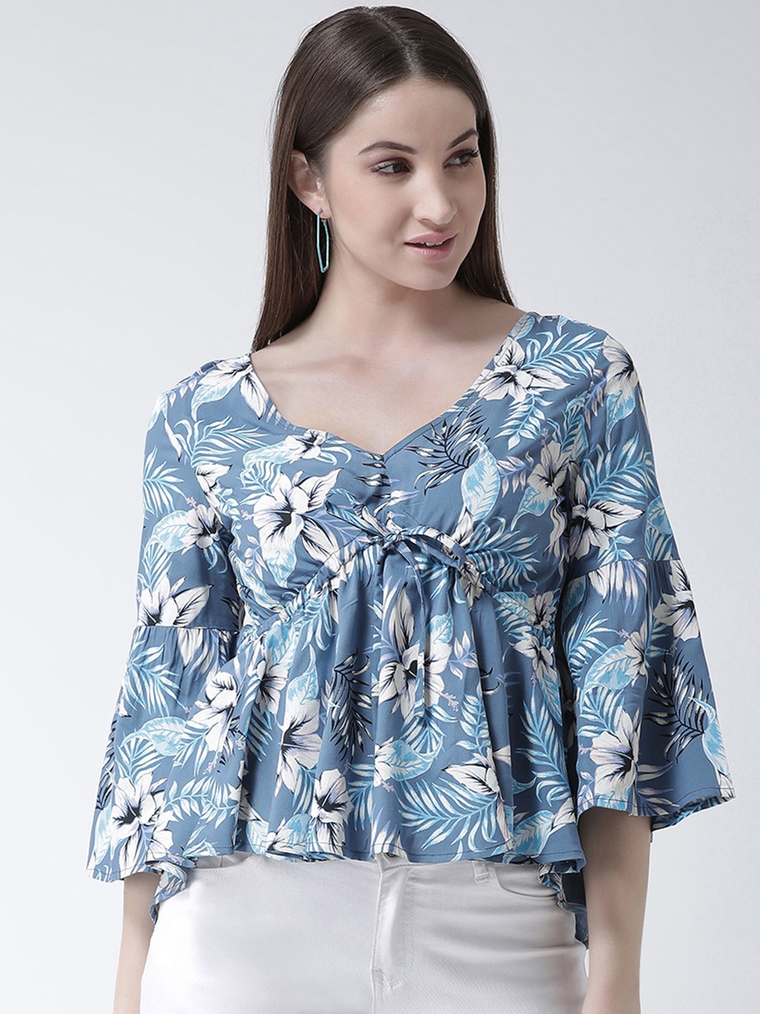 

KASSUALLY Women Blue & White Printed Empire Top