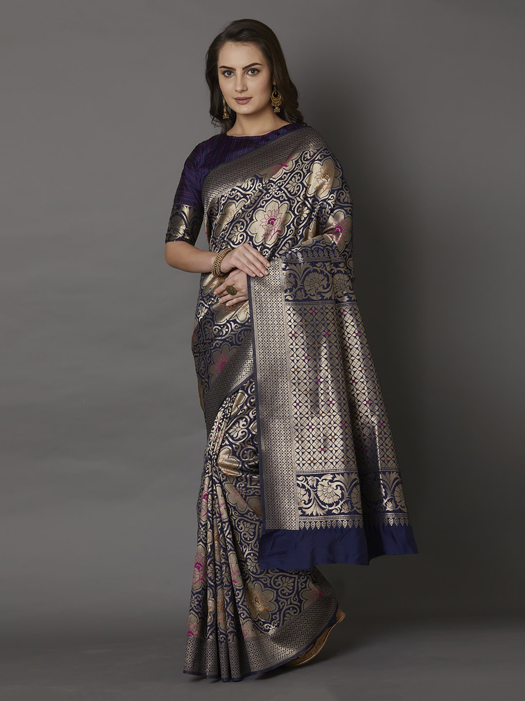 

Mitera Navy Blue Silk Blend Woven Design Banarasi Saree